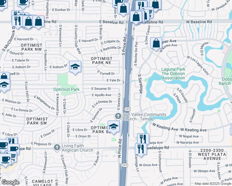 map of restaurants, bars, coffee shops, grocery stores, and more near 2177 East Sesame Street in Tempe