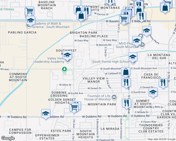 map of restaurants, bars, coffee shops, grocery stores, and more near 325 West South Mountain Avenue in Phoenix