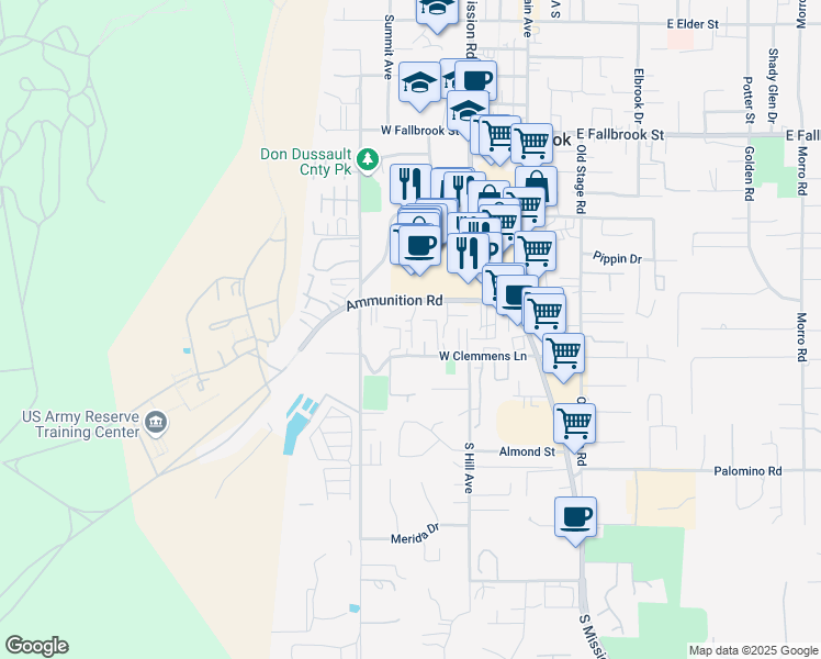 map of restaurants, bars, coffee shops, grocery stores, and more near 430 Ammunition Road in Fallbrook