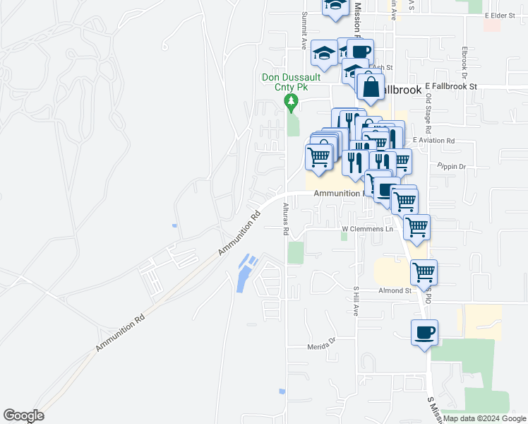 map of restaurants, bars, coffee shops, grocery stores, and more near 549 Ammunition Road in Fallbrook