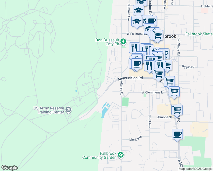 map of restaurants, bars, coffee shops, grocery stores, and more near 549 Ammunition Road in Fallbrook