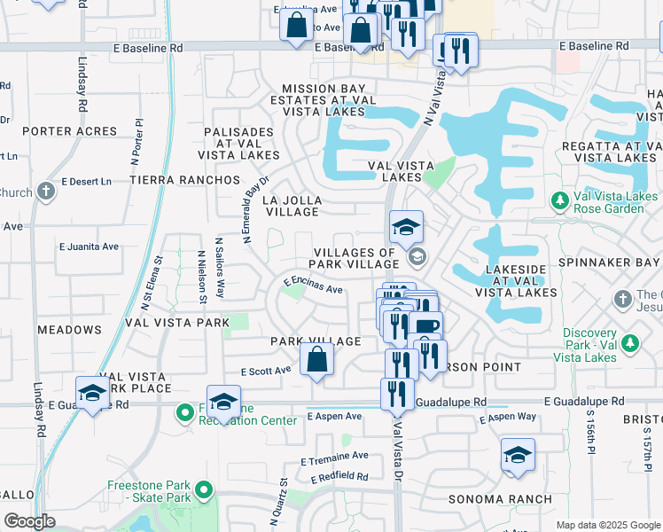 map of restaurants, bars, coffee shops, grocery stores, and more near 1120 North Val Vista Drive in Gilbert