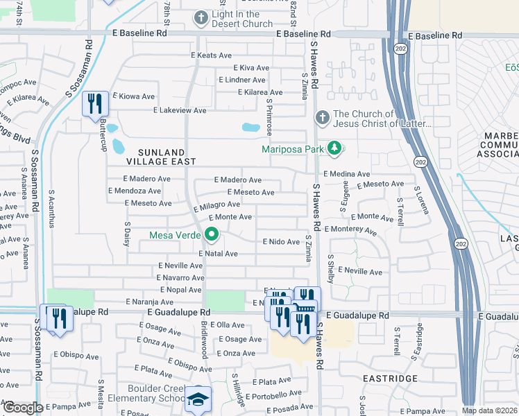 map of restaurants, bars, coffee shops, grocery stores, and more near 8220 East Milagro Avenue in Mesa