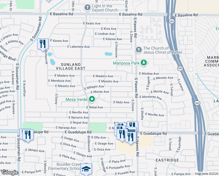 map of restaurants, bars, coffee shops, grocery stores, and more near 8220 East Milagro Avenue in Mesa