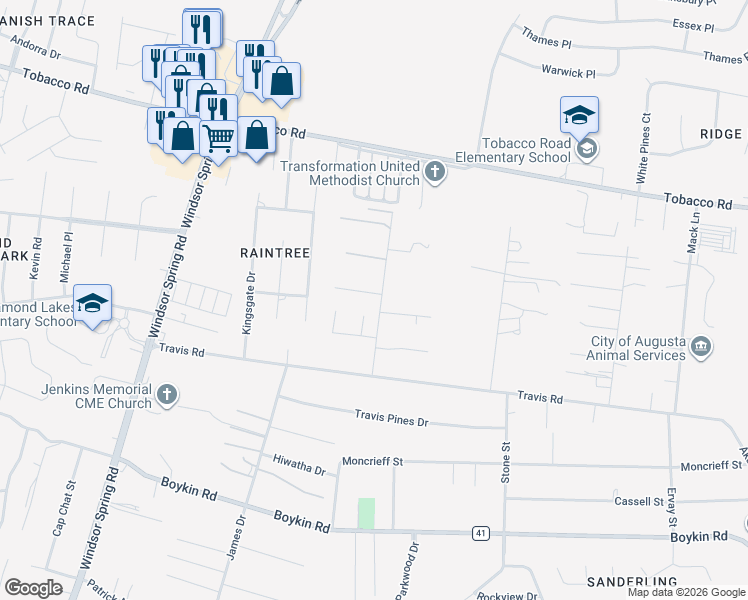 map of restaurants, bars, coffee shops, grocery stores, and more near 4141 Wallie Avenue in Augusta