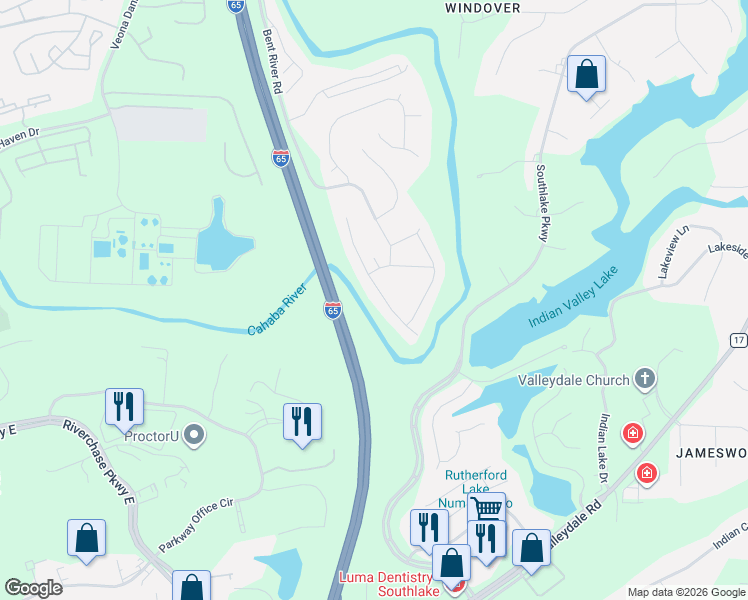 map of restaurants, bars, coffee shops, grocery stores, and more near 4464 Cahaba River Boulevard in Birmingham