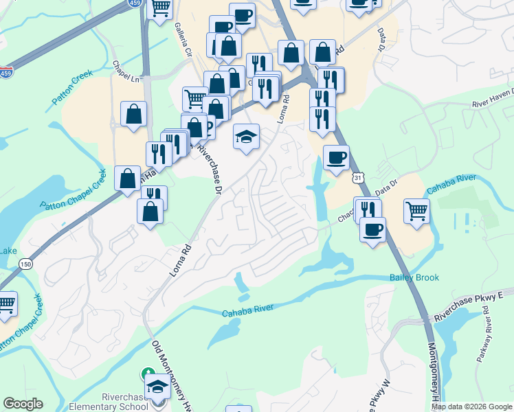 map of restaurants, bars, coffee shops, grocery stores, and more near 1511 Chace Lane in Hoover