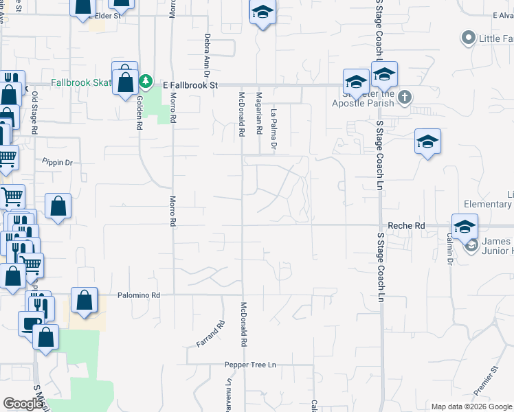 map of restaurants, bars, coffee shops, grocery stores, and more near 1044 Crescent Bend in Fallbrook