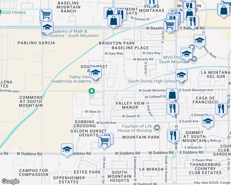map of restaurants, bars, coffee shops, grocery stores, and more near 601 West South Mountain Avenue in Phoenix