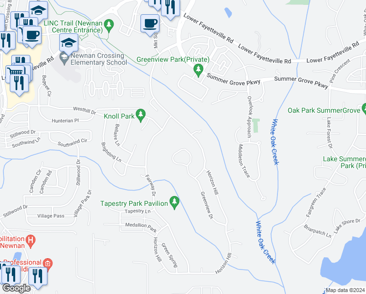 map of restaurants, bars, coffee shops, grocery stores, and more near 192 Greenview Drive in Newnan