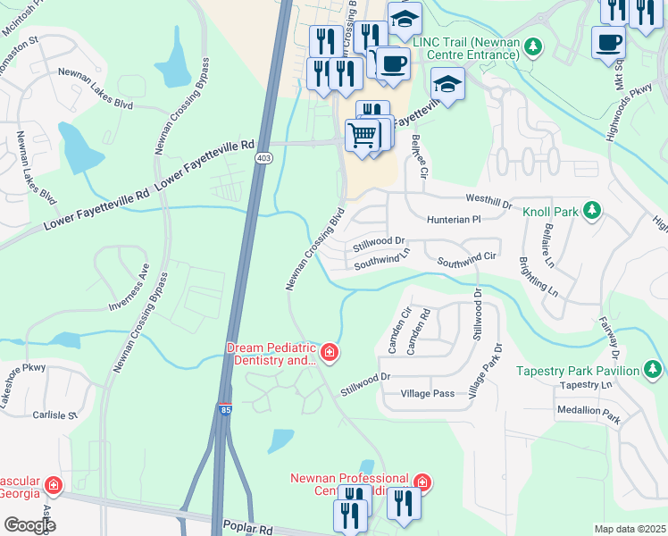 map of restaurants, bars, coffee shops, grocery stores, and more near 225 Southwind Lane in Newnan