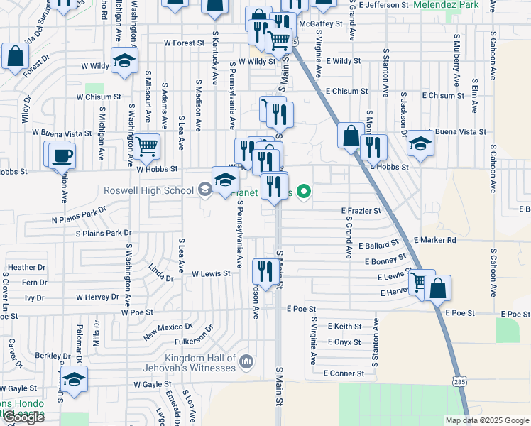 map of restaurants, bars, coffee shops, grocery stores, and more near 1801 South Pennsylvania Avenue in Roswell