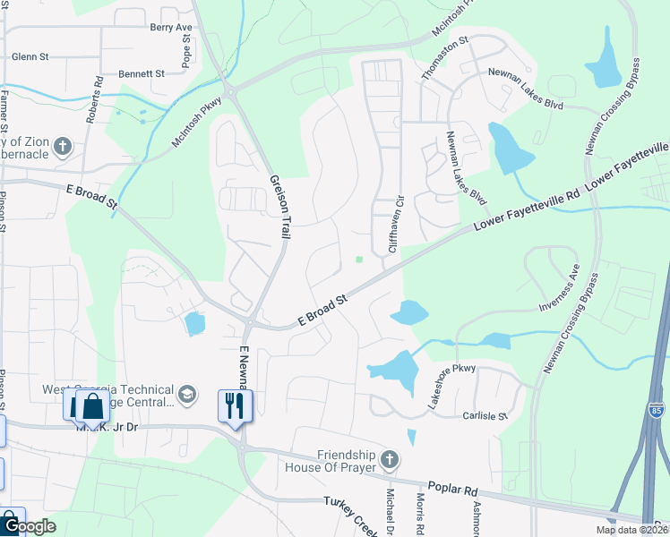 map of restaurants, bars, coffee shops, grocery stores, and more near 61 Jane Lane in Newnan