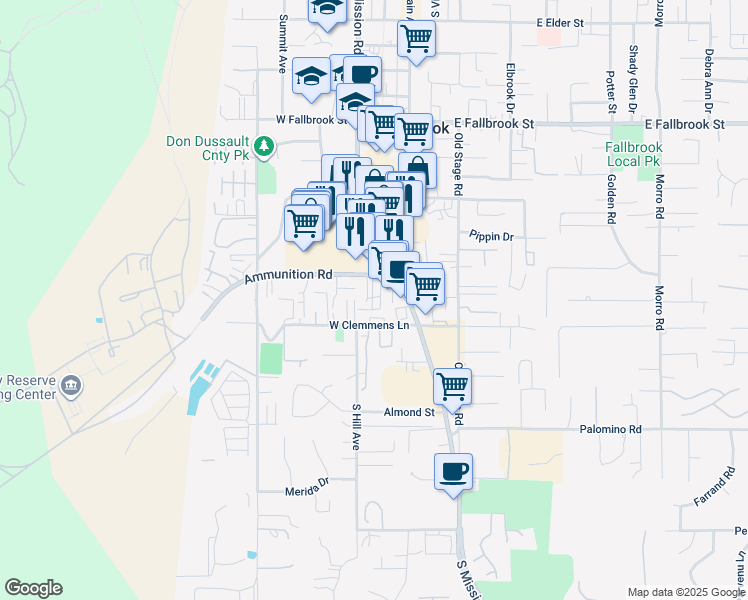 map of restaurants, bars, coffee shops, grocery stores, and more near 224 Ammunition Road in Fallbrook