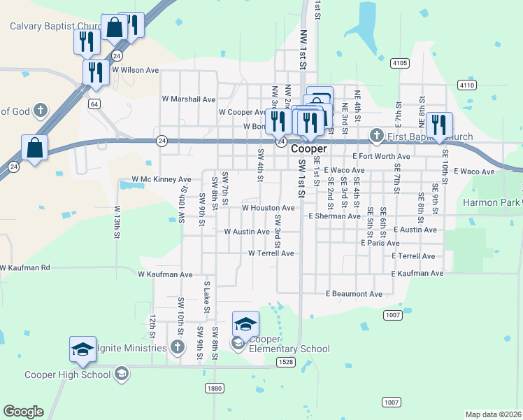 map of restaurants, bars, coffee shops, grocery stores, and more near 600 Southwest 4th Street in Cooper