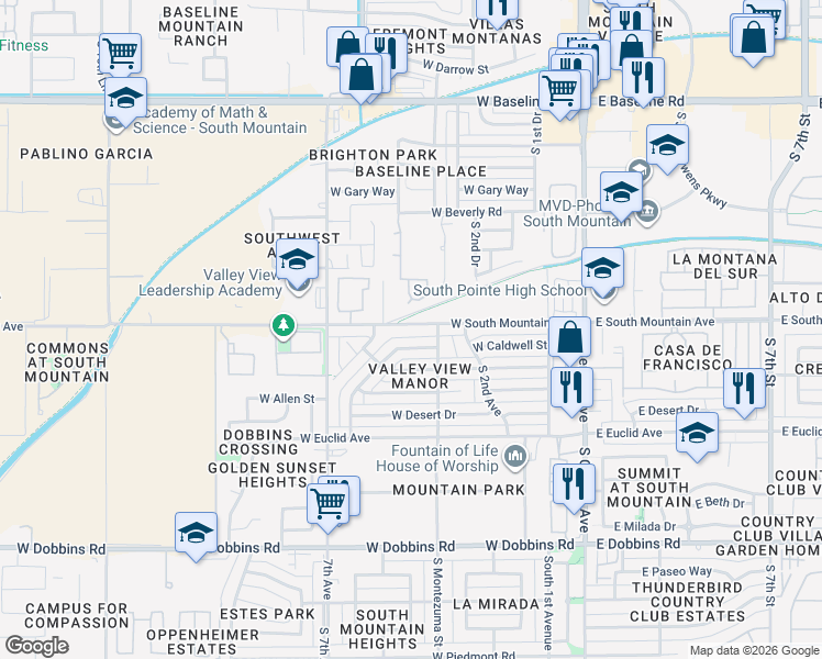 map of restaurants, bars, coffee shops, grocery stores, and more near 325 West South Mountain Avenue in Phoenix