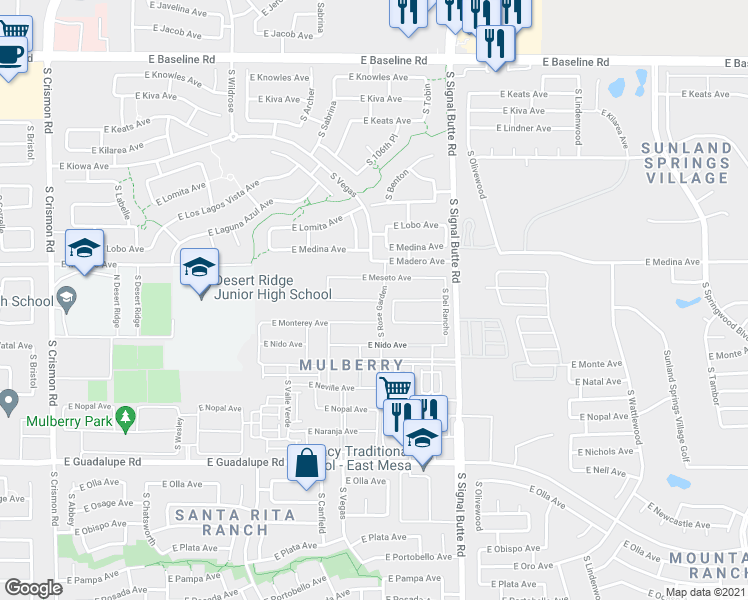 map of restaurants, bars, coffee shops, grocery stores, and more near 10746 East Mendoza Avenue in Mesa