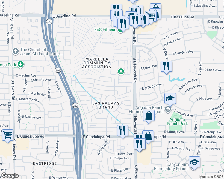 map of restaurants, bars, coffee shops, grocery stores, and more near 2550 South Ellsworth Road in Mesa