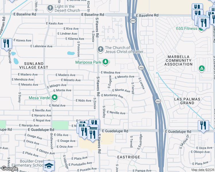 map of restaurants, bars, coffee shops, grocery stores, and more near 8431 East Milagro Circle in Mesa