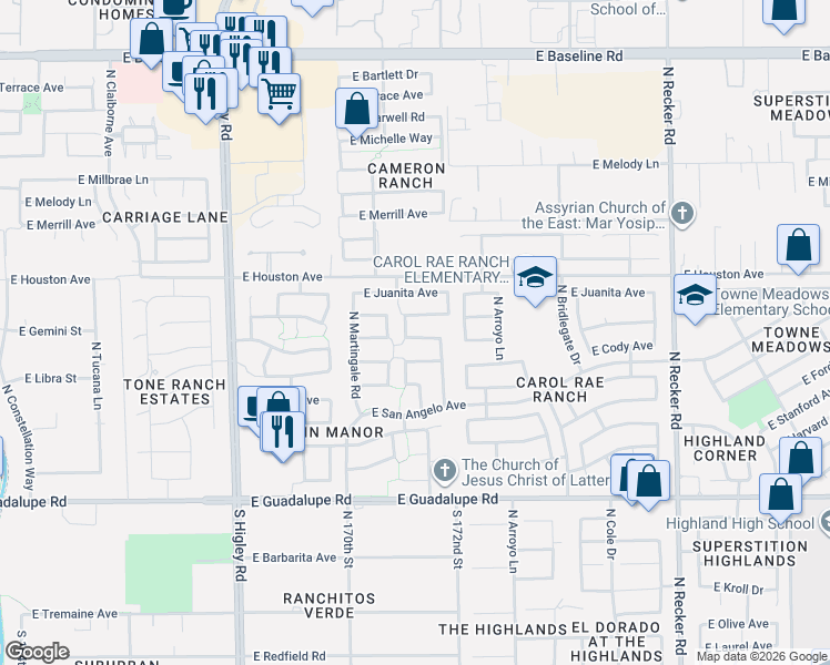 map of restaurants, bars, coffee shops, grocery stores, and more near 1099 North Lucas Lane in Gilbert