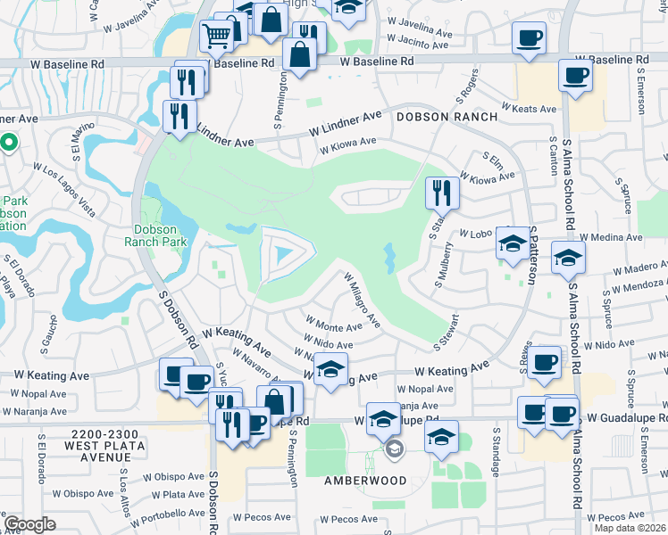 map of restaurants, bars, coffee shops, grocery stores, and more near 1720 West Milagro Avenue in Mesa