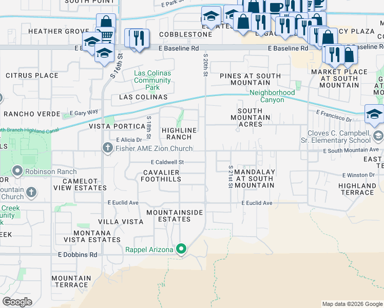 map of restaurants, bars, coffee shops, grocery stores, and more near 1929 East South Mountain Avenue in Phoenix