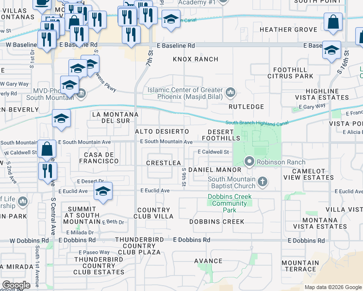 map of restaurants, bars, coffee shops, grocery stores, and more near 841 East South Mountain Avenue in Phoenix