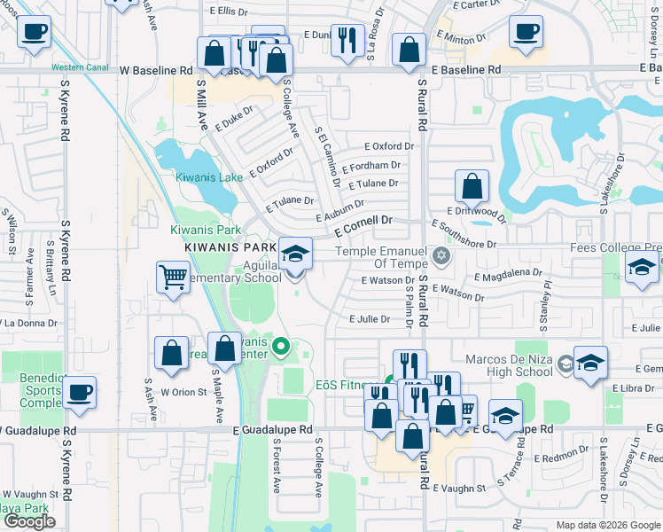 map of restaurants, bars, coffee shops, grocery stores, and more near 317 East Sesame Street in Tempe