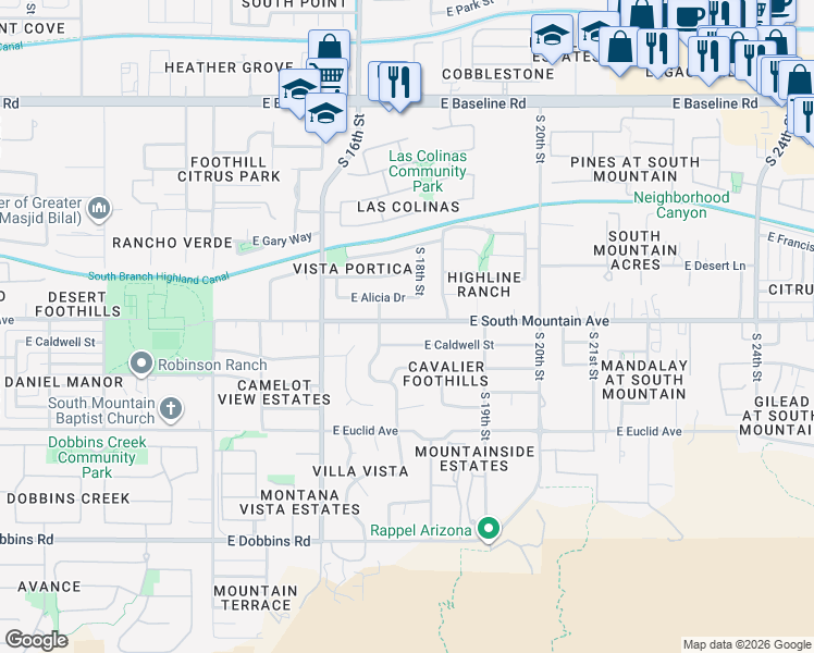 map of restaurants, bars, coffee shops, grocery stores, and more near 1723 East South Mountain Avenue in Phoenix