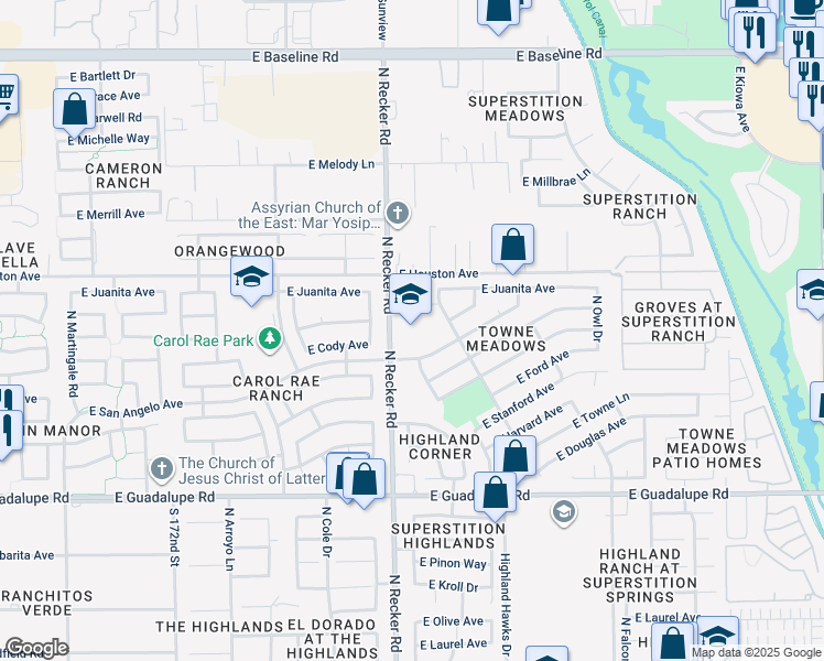 map of restaurants, bars, coffee shops, grocery stores, and more near 1101 North Recker Road in Gilbert