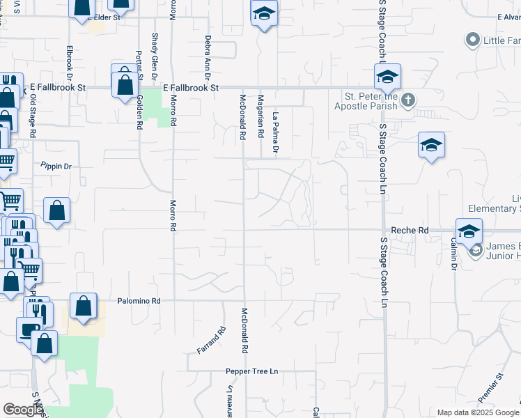 map of restaurants, bars, coffee shops, grocery stores, and more near 1057 Ridge Heights Drive in Fallbrook