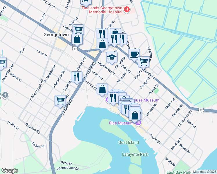 map of restaurants, bars, coffee shops, grocery stores, and more near 1109 Prince Street in Georgetown