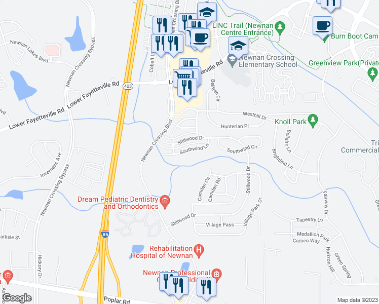 map of restaurants, bars, coffee shops, grocery stores, and more near 170 Southwind Lane in Newnan