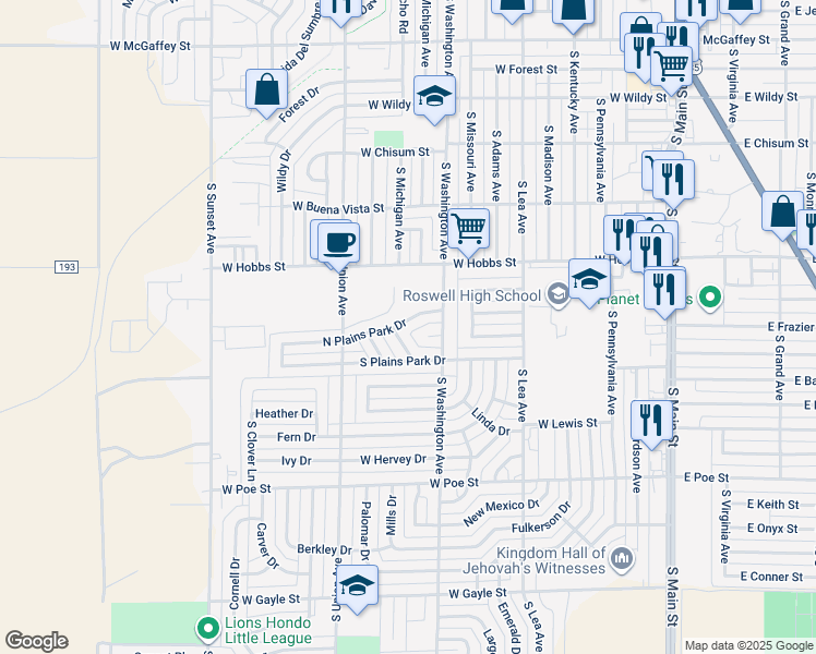 map of restaurants, bars, coffee shops, grocery stores, and more near 710 North Plains Park Drive in Roswell