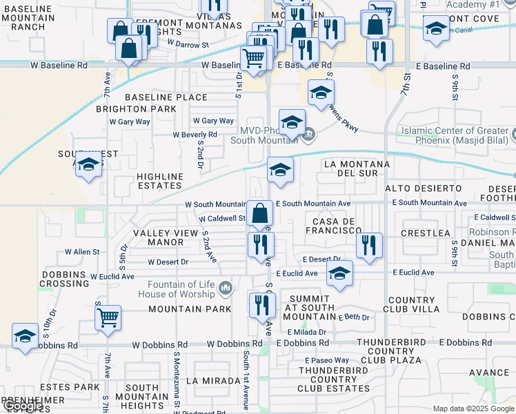 map of restaurants, bars, coffee shops, grocery stores, and more near 03 West South Mountain Avenue in Phoenix