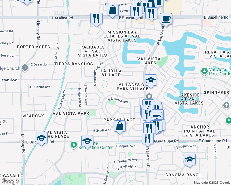 map of restaurants, bars, coffee shops, grocery stores, and more near 1401 East San Angelo Avenue in Gilbert