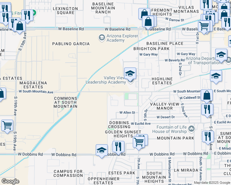 map of restaurants, bars, coffee shops, grocery stores, and more near 805 West South Mountain Avenue in Phoenix