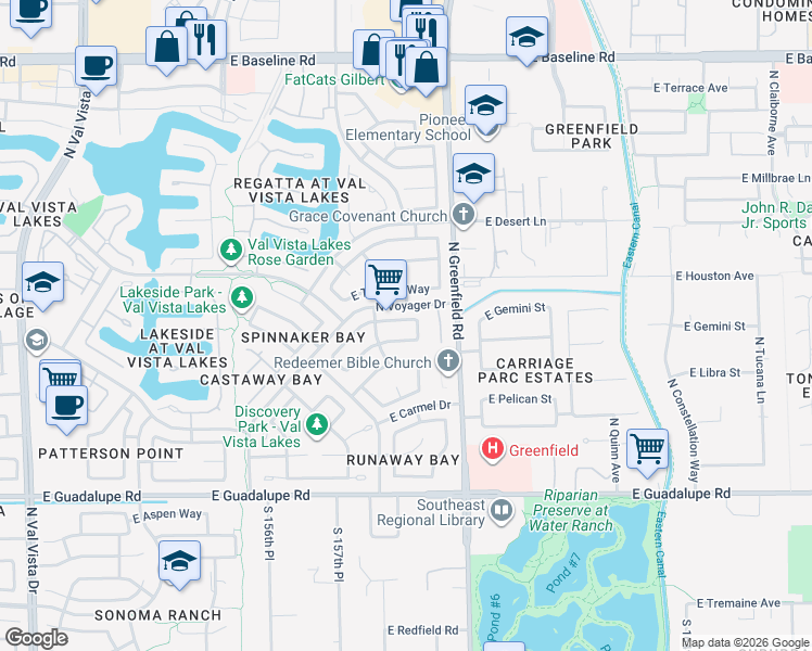 map of restaurants, bars, coffee shops, grocery stores, and more near 2333 East Egret Court in Gilbert