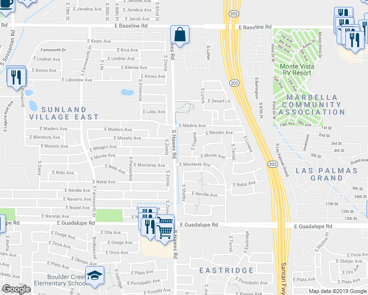 map of restaurants, bars, coffee shops, grocery stores, and more near 8431 East Milagro Circle in Mesa