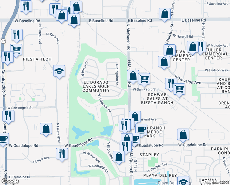 map of restaurants, bars, coffee shops, grocery stores, and more near 1669 West Encinas Street in Gilbert