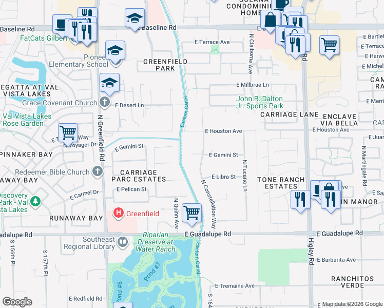 map of restaurants, bars, coffee shops, grocery stores, and more near 2720 East Gemini Street in Gilbert