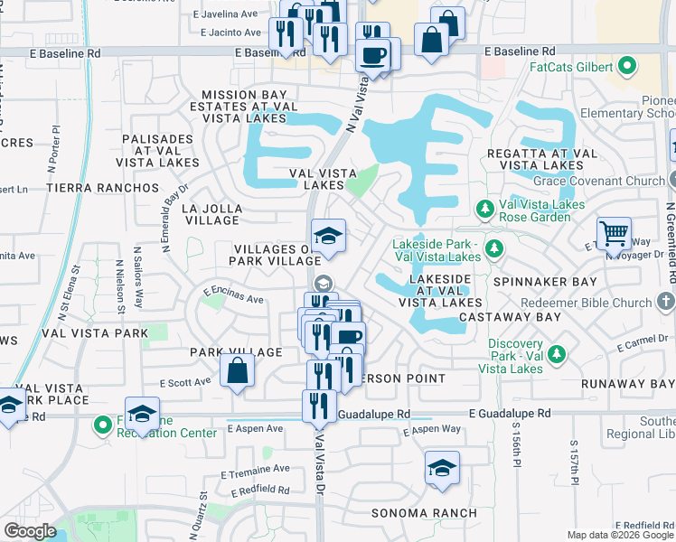 map of restaurants, bars, coffee shops, grocery stores, and more near 1030 North Blue Grotto Drive in Gilbert