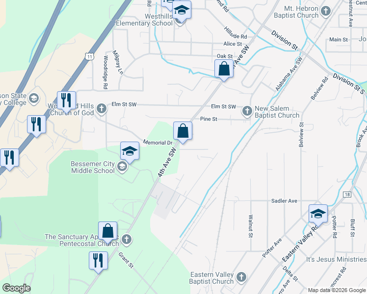 map of restaurants, bars, coffee shops, grocery stores, and more near 305 Reeves Lane Southwest in Bessemer