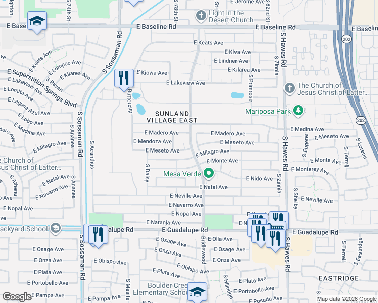 map of restaurants, bars, coffee shops, grocery stores, and more near 7963 East Meseto Avenue in Mesa