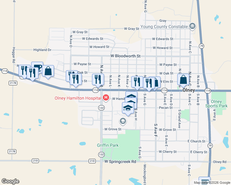 map of restaurants, bars, coffee shops, grocery stores, and more near 807 West Main Street in Olney