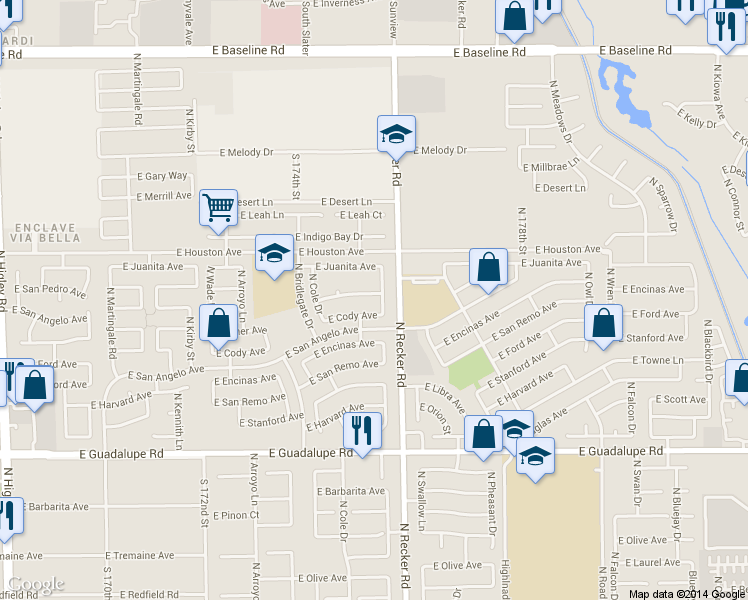 map of restaurants, bars, coffee shops, grocery stores, and more near 3951 East San Pedro Avenue in Gilbert