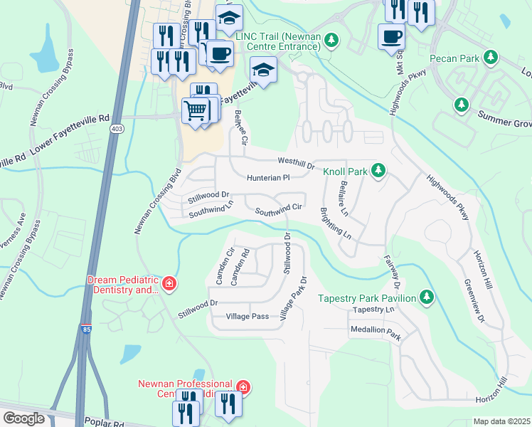 map of restaurants, bars, coffee shops, grocery stores, and more near 56 Southwind Circle in Newnan