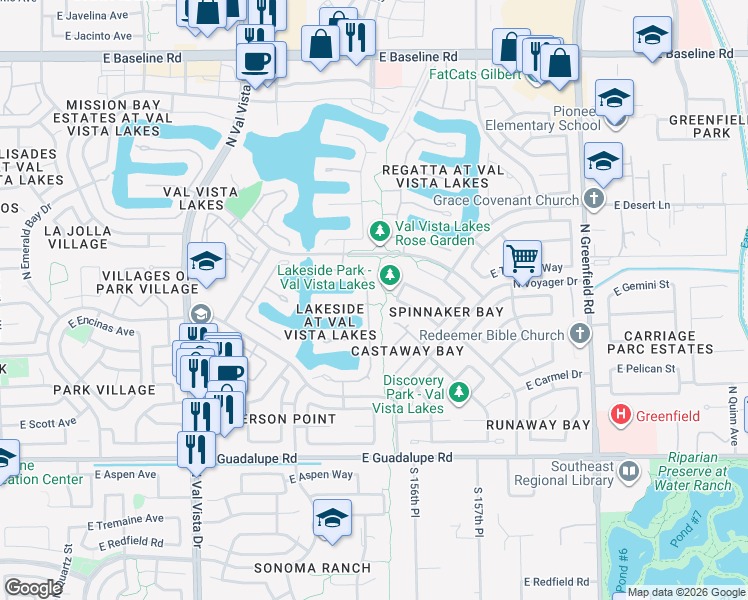 map of restaurants, bars, coffee shops, grocery stores, and more near 1109 North Peppertree Drive in Gilbert