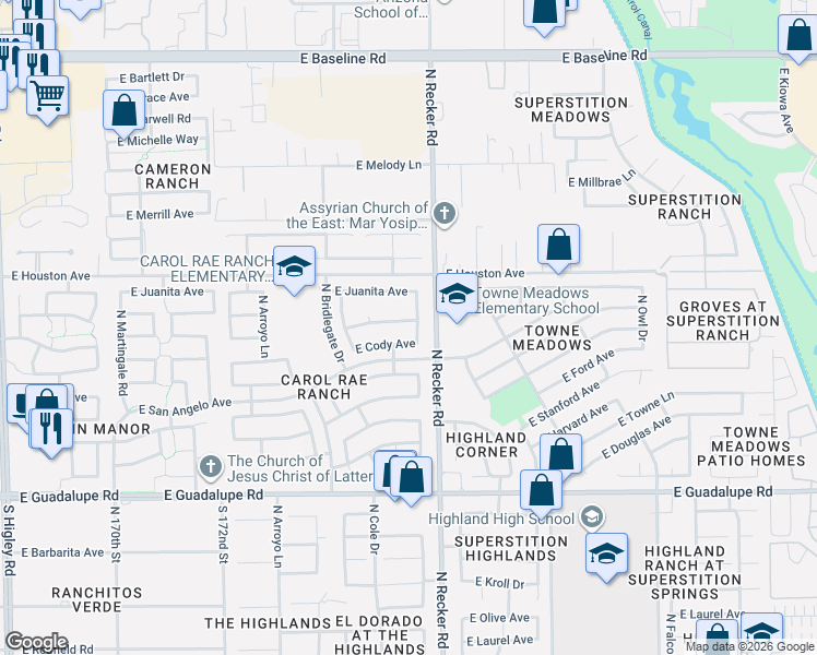 map of restaurants, bars, coffee shops, grocery stores, and more near 3931 East San Pedro Avenue in Gilbert