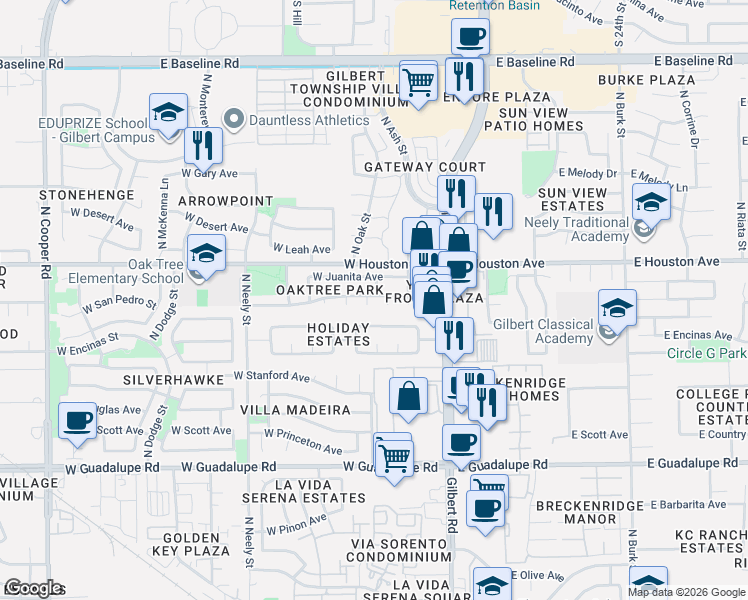 map of restaurants, bars, coffee shops, grocery stores, and more near 1108 North Oak Street in Gilbert